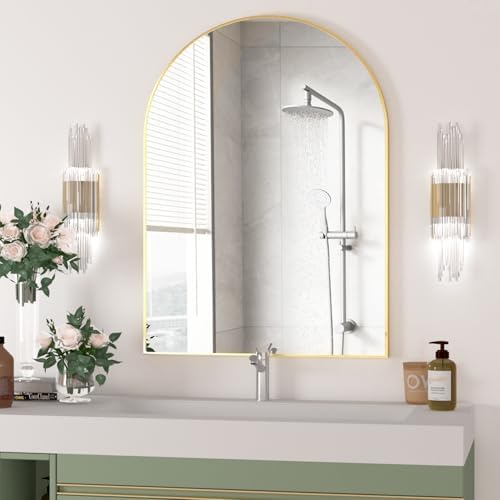 Arched Wall Mirror for Bathroom, 40"x30" Arched Mirror Wall Mounted Mirror with Metal Frame, Gold Vanity Mirror Decor for Mantle, Bedroom, Entryway, Living Room