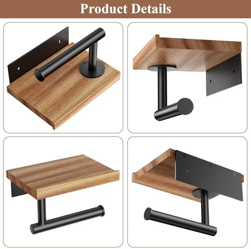 Tindbea Toilet Paper Holder with Wood Shelf, Wooden Wall Mount Tissue Paper Roll Holder, Matte Black Stainless Steel Bathroom Accessories Decor for Home (Sapele, Matte Black)