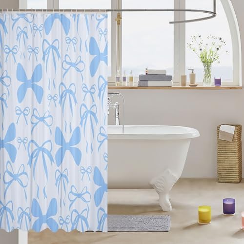 jejeloiu Cute Bowknot Shower Curtain for Bathroom Decor 72"x84" Blue Girls Bow Bath Curtain Kawaii Bathroom Accessories Waterproof Polyester Fabric with 12 Hooks for Stalls Bathtubs Princess Decor