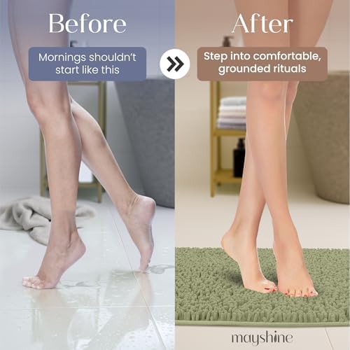 MAYSHINE Small Plush Shaggy Chenille Bath Mat 24"x17" Extra Soft, Super Absorbent, Non-Slip Bathroom Rug | Fluffy Microfiber, Area Rug Sets for Bathroom Floor, Kitchen, Living Room | Sage Green