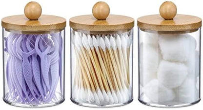 VITEVER 3 Pack Qtip Holder Dispenser with Bamboo Lids - 10 oz Clear Plastic Apothecary Jar Containers for Vanity Makeup Organizer Storage - Bathroom Accessories Set for Cotton Swab, Ball, Pads, Floss