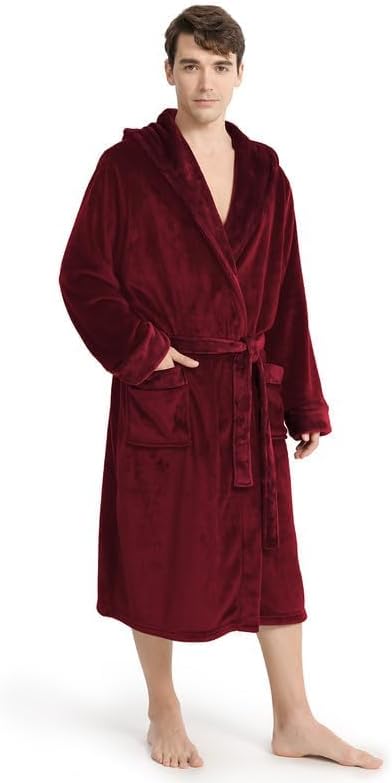 Yurhap Luxury Mens Robe with Hood, Ultra Cozy Fleece Bathrobe for Men, Plush Hooded Robe with Belt & 2 Pockets