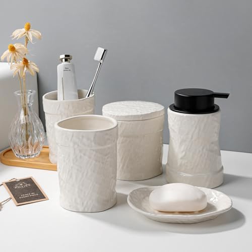 White Bathroom Accessory Set 5PCS, Ceramic Bathroom Accessories Set, Minimalist Textured Design Liquid Soap Dispenser Set Complete, Home Bathroom Decor Vanity Countertop, ANTIS'S HOME