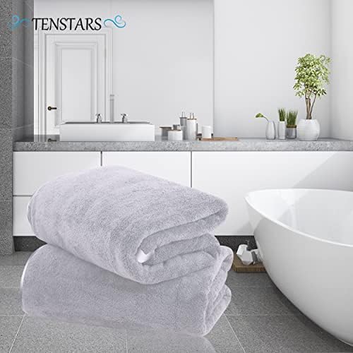 TENSTARS Silk Hemming Bath Towels for Bathroom Clearance - 27 x 55 inches - Light Thin Quick Drying - Soft Microfiber Absorbent Towel for Bath Fitness, Sports, Yoga, Travel, Gym - 2 Pack, Light Grey