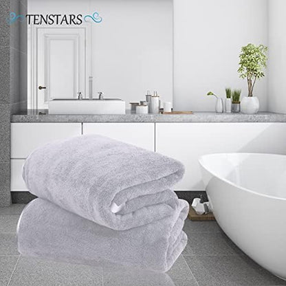 TENSTARS Silk Hemming Bath Towels for Bathroom Clearance - 27 x 55 inches - Light Thin Quick Drying - Soft Microfiber Absorbent Towel for Bath Fitness, Sports, Yoga, Travel, Gym - 2 Pack, Light Grey