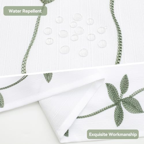 Embroidered Leaf Farmhouse Shower Curtain,Faux Linen,72x72,White Sage Green