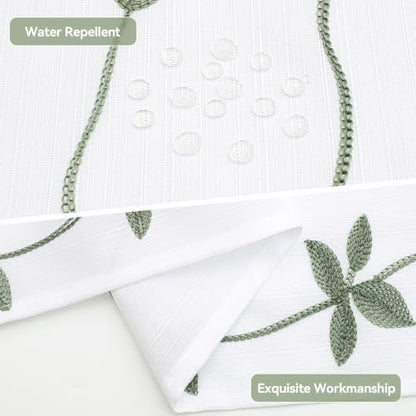 Embroidered Leaf Farmhouse Shower Curtain,Faux Linen,72x72,White Sage Green