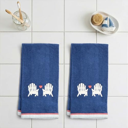 Ritz 2-Piece Cotton Velour Bathroom Hand Towel Set, Embroidered Adirondack Chair Design, Navy Blue Decorative Towels for Lake House, Cottage, or Cabin Decor, 16” x 26”
