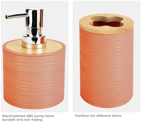 2PCS Orange Bathroom Set, Soap Dispenser, Dish & Bamboo Holder, Rustic