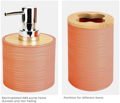 2PCS Orange Bathroom Set, Soap Dispenser, Dish & Bamboo Holder, Rustic