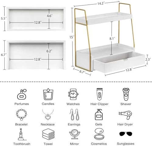 2-Tier Bathroom Countertop Organizer with Drawer, Wood Vanity Shelf White