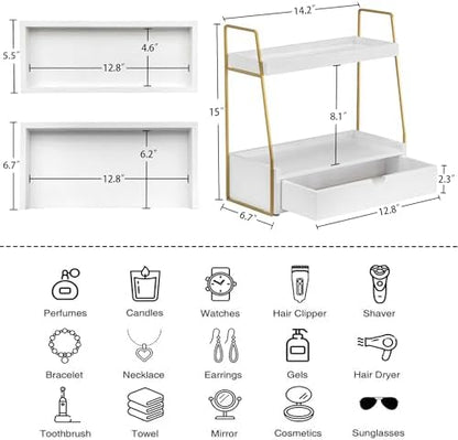 2-Tier Bathroom Countertop Organizer with Drawer, Wood Vanity Shelf White