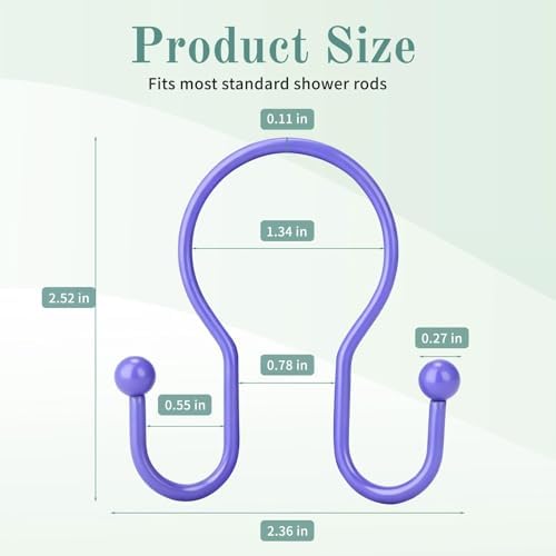 Goowin Shower Curtain Hooks, 12 Pcs Shower Curtain Rings, Stainless Steel Shower Curtain Hangers, Metal Shower Curtain Hooks Rings Rust Proof, Minimalist Shower Hooks for Shower Curtain, Purple