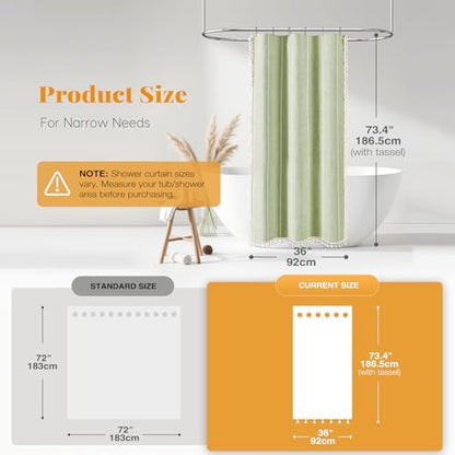 BTTN Small Boho Linen Heavy Duty Cloth Shower Curtain, 36x72, Sage Green