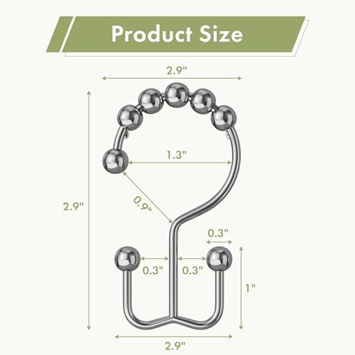 Amazer Shower Curtain Rings, Rust-Resistant Metal Double Shower Hooks for Curtain Rolling Shower Curtain Hooks Rings Shower Rings for Bathroom Shower Curtain Rod, Chrome, Set of 12 Rings