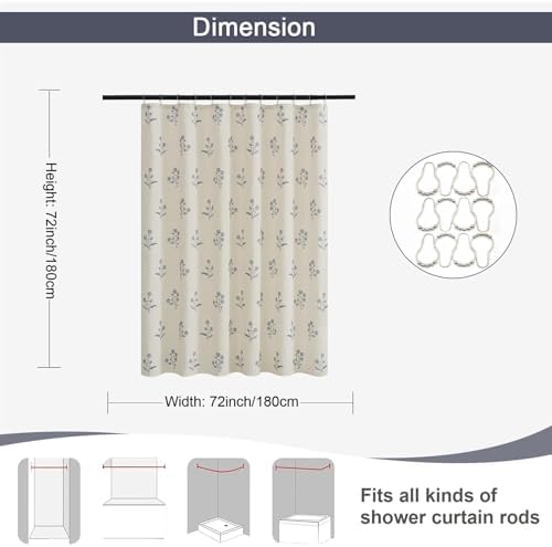 ORTIGIA Linen Shower Curtain Farmhouse Vintage Blue Floral Shower Curtains Navy Boho Rustic Block Print Cottagecore Decor for Bathroom 72 W x 72 L