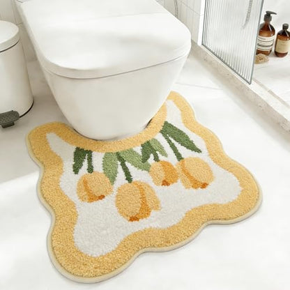 Tulip Flower U-Shaped Toilet Mat, Romantic Floral Non-Slip Bath Rug with Wave Edge Design, Soft Absorbent Microfiber Floor Mat for Toilet Base, Machine Washable Bathroom Decor (U-shaped Yellow)