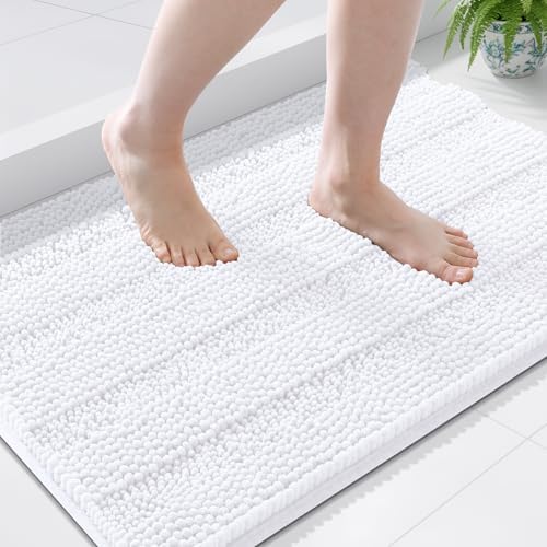Grandaily Chenille Striped Bathroom Rugs 36x24, Extra Thick and Soft Absorbent Bath Mats, Rubber Backing, Plush Shaggy Shower Carpet, Machine Wash Dry, Bath Rug for Bathroom, Solid White