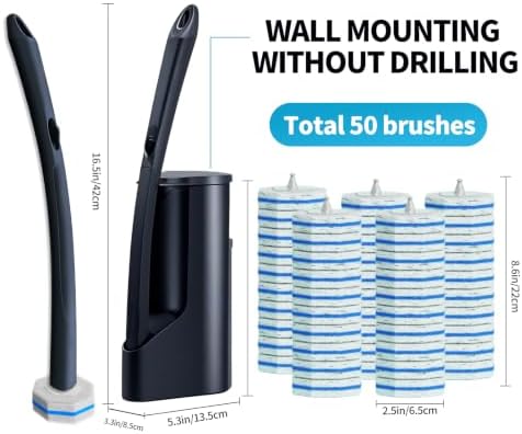 Disposable Toilet Brush with 50 Cleaner Refills Pads，Wall Mounted Toilet Bowl Holder Set，Toilet Cleaning System Starter Kit，Bathroom Cleaning System for Sink Bathtub Wash Basin