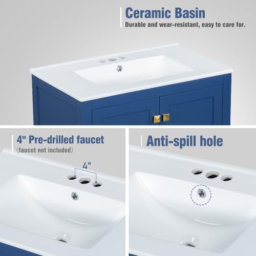 LUMISOL 30" Bathroom Vanity with Sink, Modern Bathroom Sink Cabinet with One Drawer, Soft-Close Doors & Adjustable Shelf, Freestanding Bathroom Storage Cabinet with Undermount Ceramic Sink, Blue