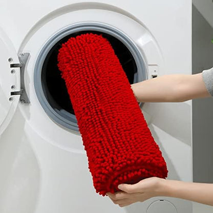 HOMEIDEAS Red Chenille Bathroom Rugs Set of 3, Non Slip Bath Mat