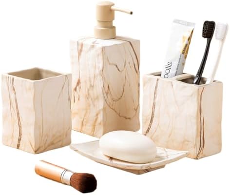 RQYIXI Ceramic Bathroom Accessories Set,Brown,4 Piece,Marble Design