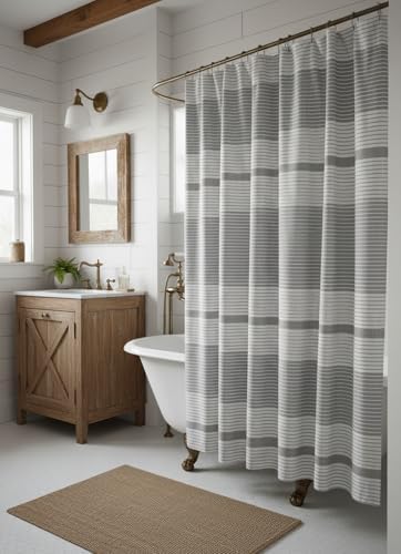 Serafina Home Striped Silver Light Grey Gray & White Cotton Shower Curtain