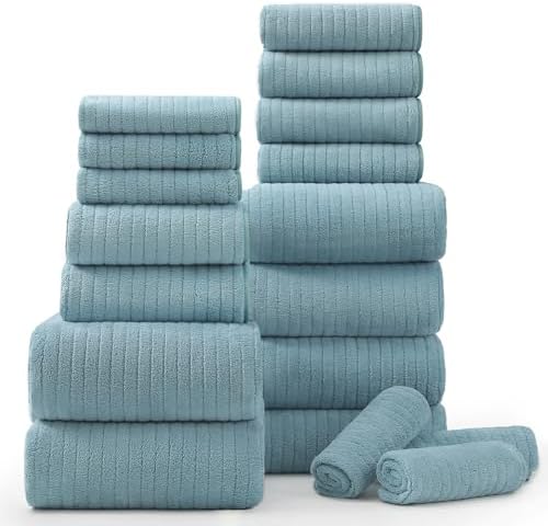 18 Piece Bath Towels Set,Soft Family Bathroom Towel Set with Hanging Loops-6 Bath Towels,6 Hand Towels,6 Washcloths,Highly Absorbent Quick Dry Shower Towel for Bathroom,Hotel,Spa-Turquoise Towel Set