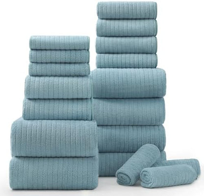 18 Piece Bath Towels Set,Soft Family Bathroom Towel Set with Hanging Loops-6 Bath Towels,6 Hand Towels,6 Washcloths,Highly Absorbent Quick Dry Shower Towel for Bathroom,Hotel,Spa-Turquoise Towel Set