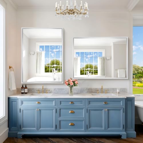 48 x 36 inch Brushed Silver Bathroom Mirror, Metal Framed Large Rectangle Mirror, 0.6" Thickened Deep Frame Mirrors for Living Room Bedroom, Tempered Glass, Antirust, Horizontal or Vertical