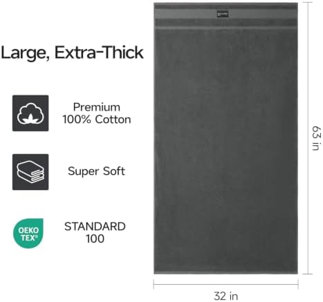 REDKISS 2 Pack Bath Towels Large 32x63 Inches, Heavyweight 760G - Dark Gray