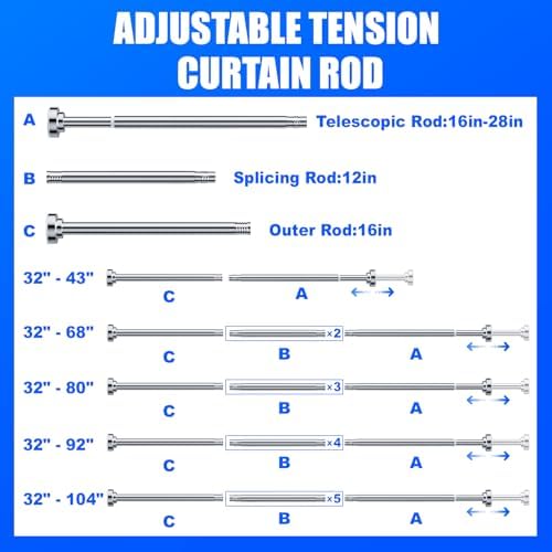 Ausemku Shower Curtain Rod - 32-104 Inch Rustproof Tension Rod, Non-Slip Spring Design, No Drilling Adjustable Curtain Rod for Bathroom, Kitchen, and Closet（Silver）