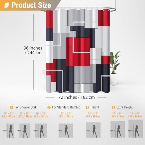 BTTN 72 x 96 Long Modern Geometric Waterproof Fabric Shower Curtain, Red
