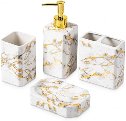 4 Piece Bathroom Accessories Set - White Bathroom Accessory Sets Includes Lotion Dispenser, Toothbrush Holder Tumbler, and Soap Dish - Glossy Finish (Marble, White)