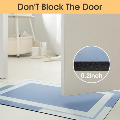 ACCUMTEK Non Slip Bath Mat, Thin Bathroom Rugs Fit Under Door, Quick Dry Bath Mats, Machine Washable Bath Rugs for Bathroom, Bathtub & Kitchen, Bathtub & Kitchen, Blue/Bordered/32 x20