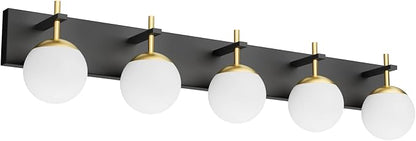 Ralbay Mid Century Modern Vanity Lights - 5-Light Milky Glass Globe Modern Bathroom Vanity Lights Over Long Mirror, Black/Golden Bathroom Wall Light Fixture