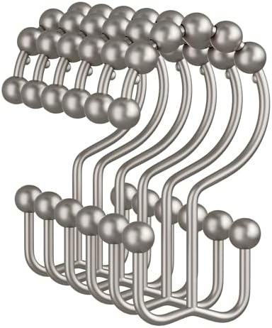 Amazer Shower Curtain Rings, Rust-Resistant Metal Double Shower Hooks for Curtain Rolling Shower Curtain Hooks Rings Shower Rings for Bathroom Shower Curtain Rod, Matte Nickel, Set of 12 Rings
