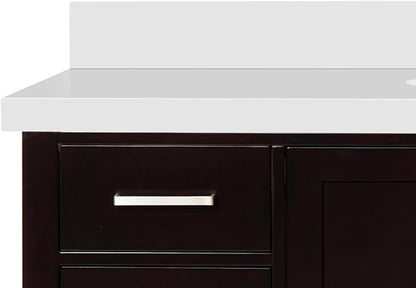 ARIEL 55" Espresso Bathroom Vanity with 1.5" Edge Pure White Quartz Countertop & Backsplash, Center Oval Sink, 2 Soft Closing Doors, 9 Full Extension Dovetail Drawers, Satin Brass