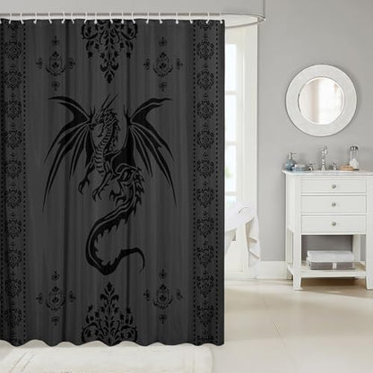 Feelyou Dragon Shower Curtain Kids Boys Teens Gothic Damask Paisley Floral Bathroom Waterproof Accessories with 12 Hooks 72x72 Inches Women Bohemian Exotic Animal Theme Room Decor,Grey Black