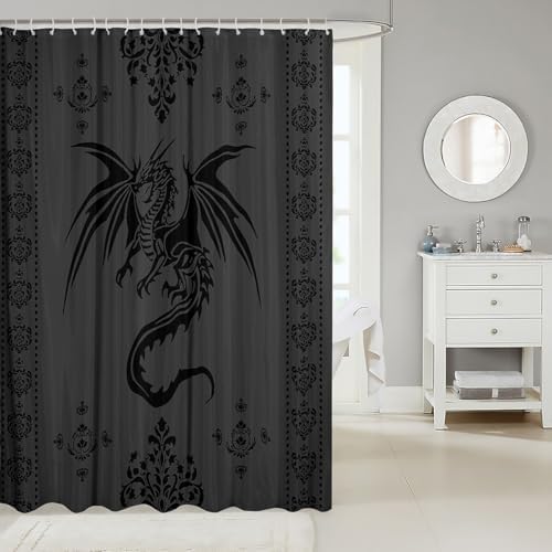 Feelyou Dragon Shower Curtain Kids Boys Teens Gothic Damask Paisley Floral Bathroom Waterproof Accessories with 12 Hooks 72x78 Inches Women Bohemian Exotic Animal Theme Room Decor,Grey Black