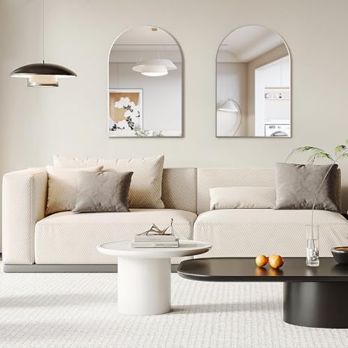 Wall Mounted Mirror, Arched Wall Mirror for Bathroom, 2 Pieces 24"x36" Arch Bathroom Mirror with Metal Frame, Silver Vanity Mirror Decor for Mantle, Bedroom, Entryway, Living Room
