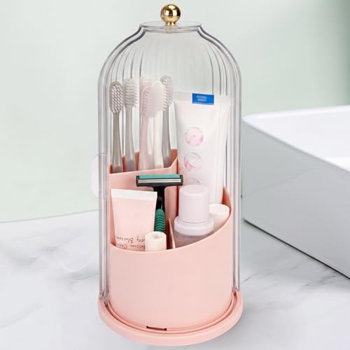 QIYVLOS Toothbrush Holders with Sliding Lid, Rotating 3 Slots Bathroom Organizer Countertop, Tooth Brush Toothpaste Holder Bathroom Counter Stand Sink Organizer Caddy for Makeup Brushes Holder (Pink)