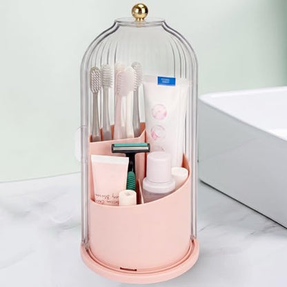QIYVLOS Toothbrush Holders with Sliding Lid, Rotating 3 Slots Bathroom Organizer Countertop, Tooth Brush Toothpaste Holder Bathroom Counter Stand Sink Organizer Caddy for Makeup Brushes Holder (Pink)