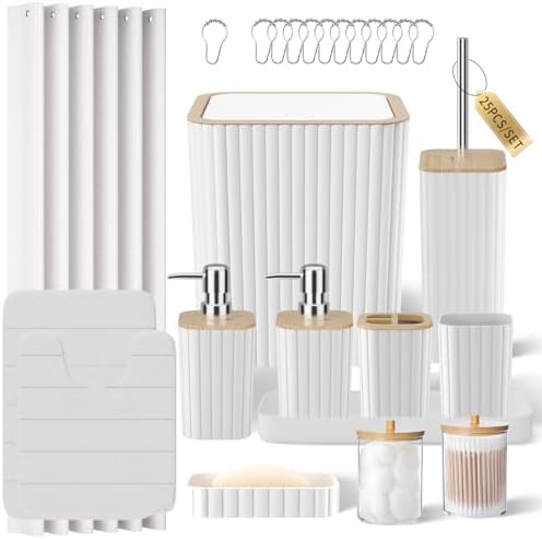 XLHOMO Bathroom Set - 25PC White Bathroom Set with Shower Curtain and Rugs, Bathroom Accessories Set, White Shower Curtain Set with Bathroom Trash Can