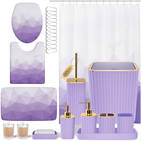 XLHOMO Bathroom Accessory Set - 26PC Bathroom Shower Curtain and Rug Set, Bathroom Accessories Set, Purple Bathroom Set with Trash Can, Toilet Brush, Qtip Holder & Soap Dispenser