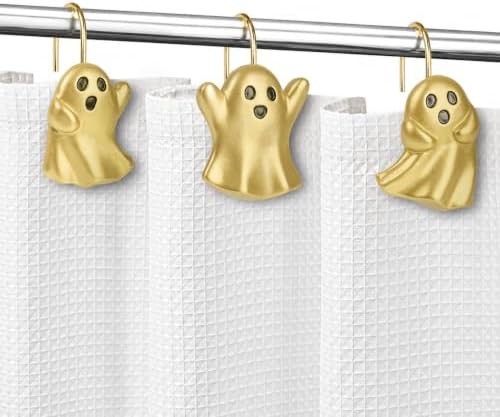 Sunlit Ghost Shower Curtain Hooks, Home Decorative Shower Curtain Rings for Bathroom, Halloween Shower Curtain Hangers Bathroom Accessories, Set of 12, Golden