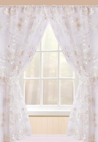 Zahari Home Rose Vine Window Curtain Fabric Laced Window Curtain for Bathroom Kitchen Living Room, 36" x 54" Each, Set of 2, Beige