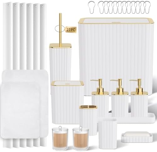 Bathroom Accessory Set - Bathroom Set, 27PC Bathroom Accessories Set, White Bathroom Sets with Shower Curtain and Rugs, Mini Trash Can, Toilet Brush, Trash Can & Soap Dispenser