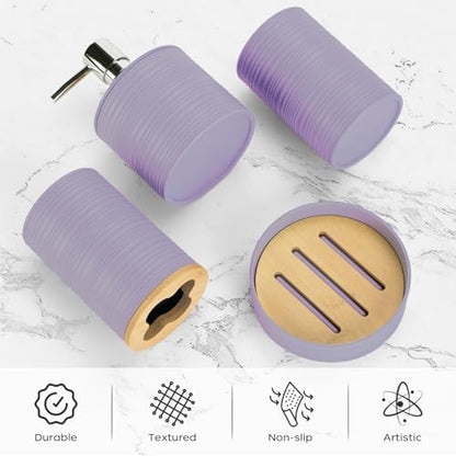 4PCS Lavender Bathroom Set, Soap Dispenser, Dish & Bamboo Holder, Rustic