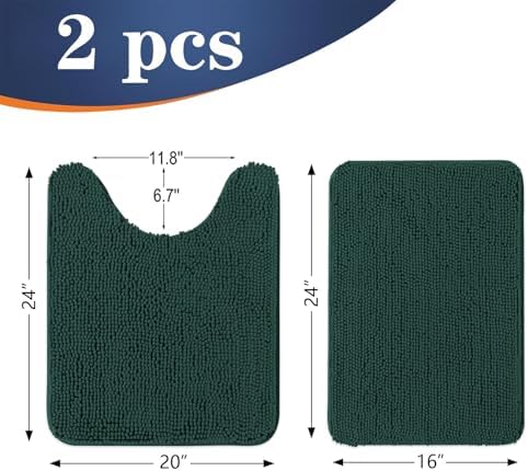 OLANLY Chenille Bathroom Rugs Sets 2 Piece, 24"x16"+24"x20", Blackish Green